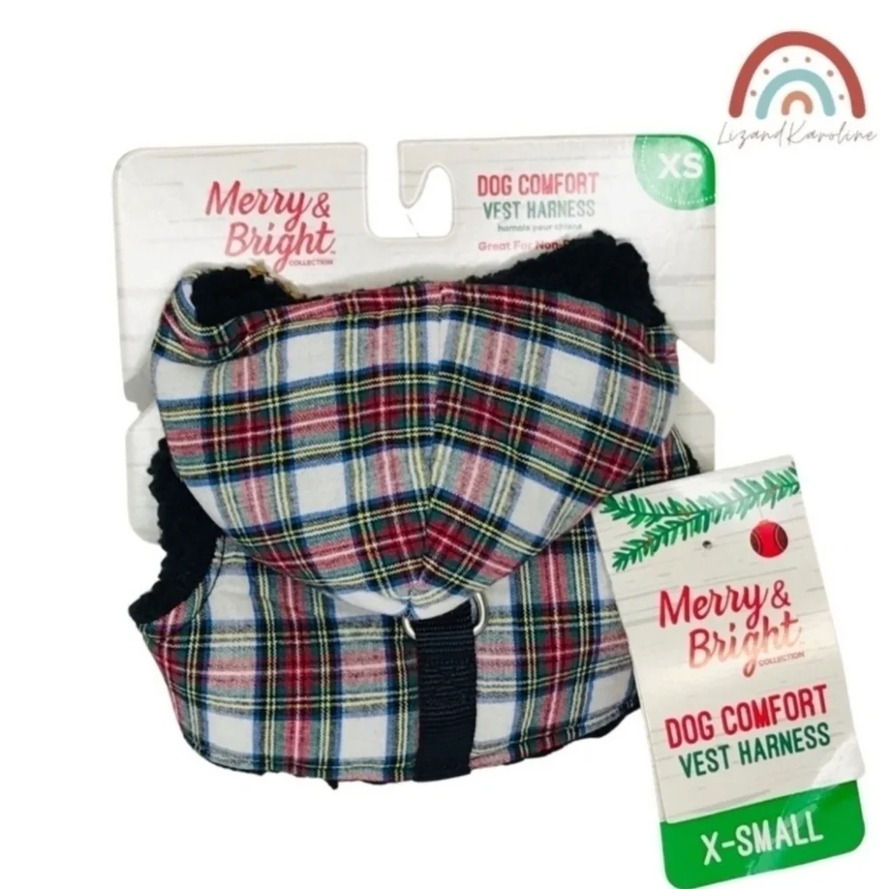 New! Merry & Bright Winter Dog Comfort Sherpa Hoodie Plaid Vest Harness